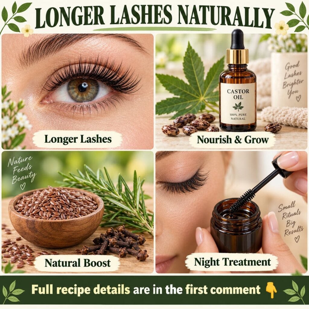A close-up shot of an elegant woman s eyes with long healthy eyelashes alongside small bowls of castor oil flaxseeds and