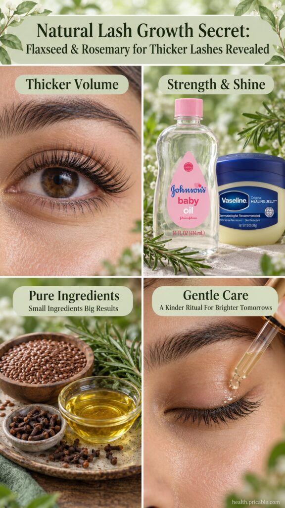 Close-up of a small glass jar filled with a clear slightly viscous gel labeled Flaxseed Rosemary Lash Gel Next to it are