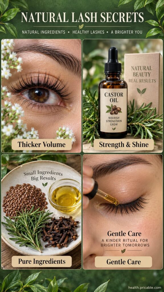 A natural eyelash serum in a small glass dropper bottle with flaxseeds dried rosemary and castor oil arranged around it