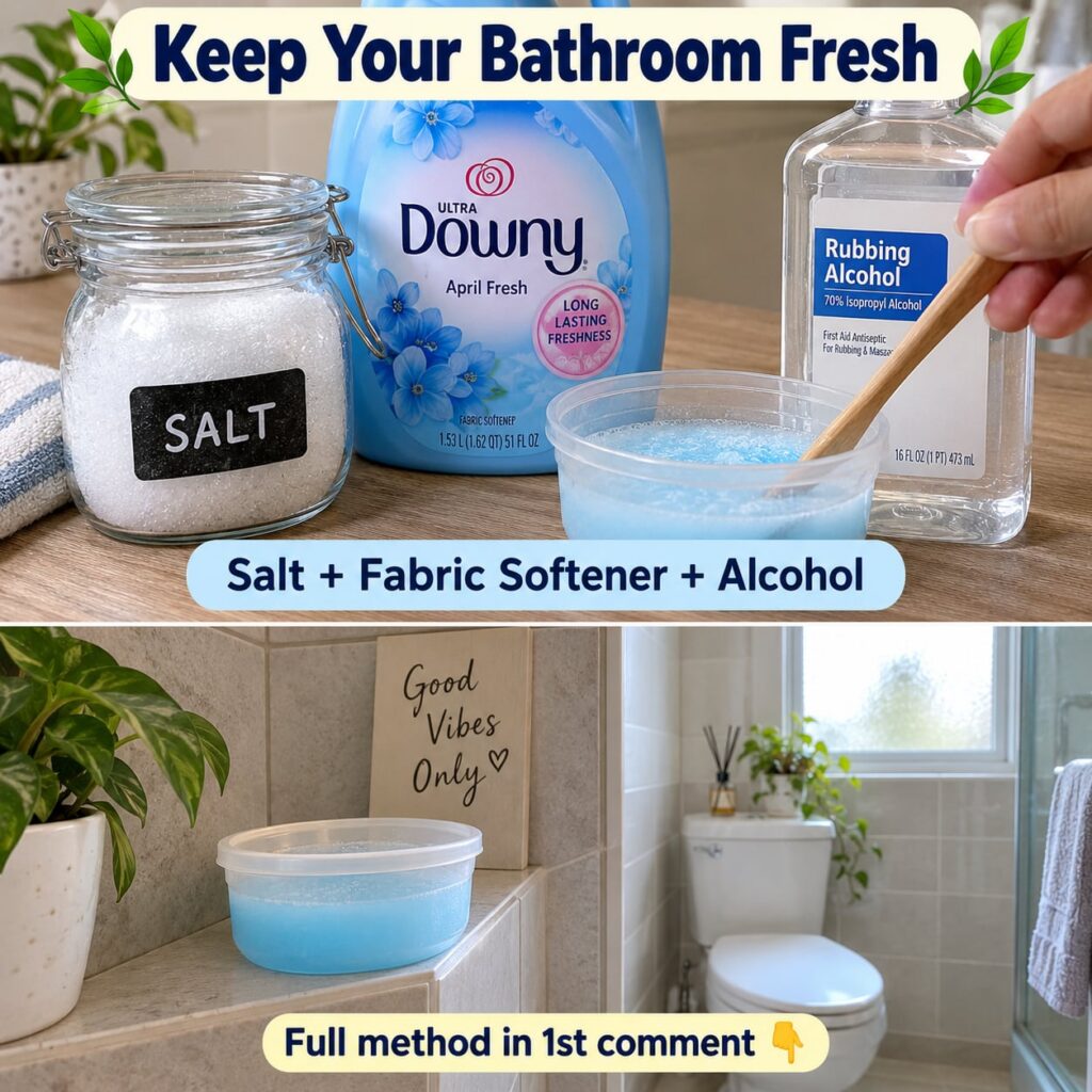 A small clear glass container holding layers of coarse salt blue liquid fabric softener and clear rubbing alcohol repres