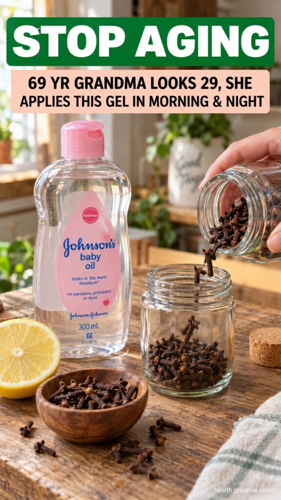 Ingredients for a DIY anti-aging gel whole cloves a bottle of baby oil and fresh lemons arranged neatly on a wooden surf