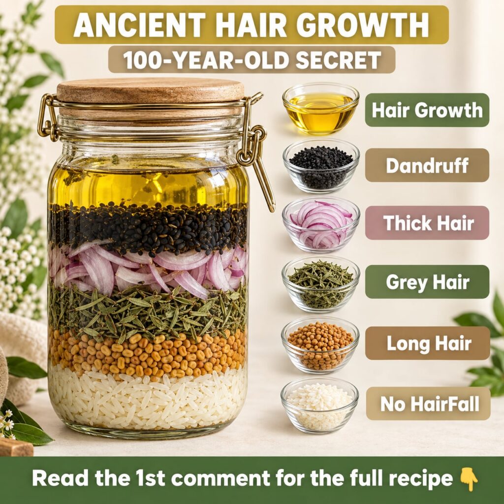 A close-up of a glass bottle of amber-colored herbal hair oil surrounded by its natural ingredients fenugreek seeds drie