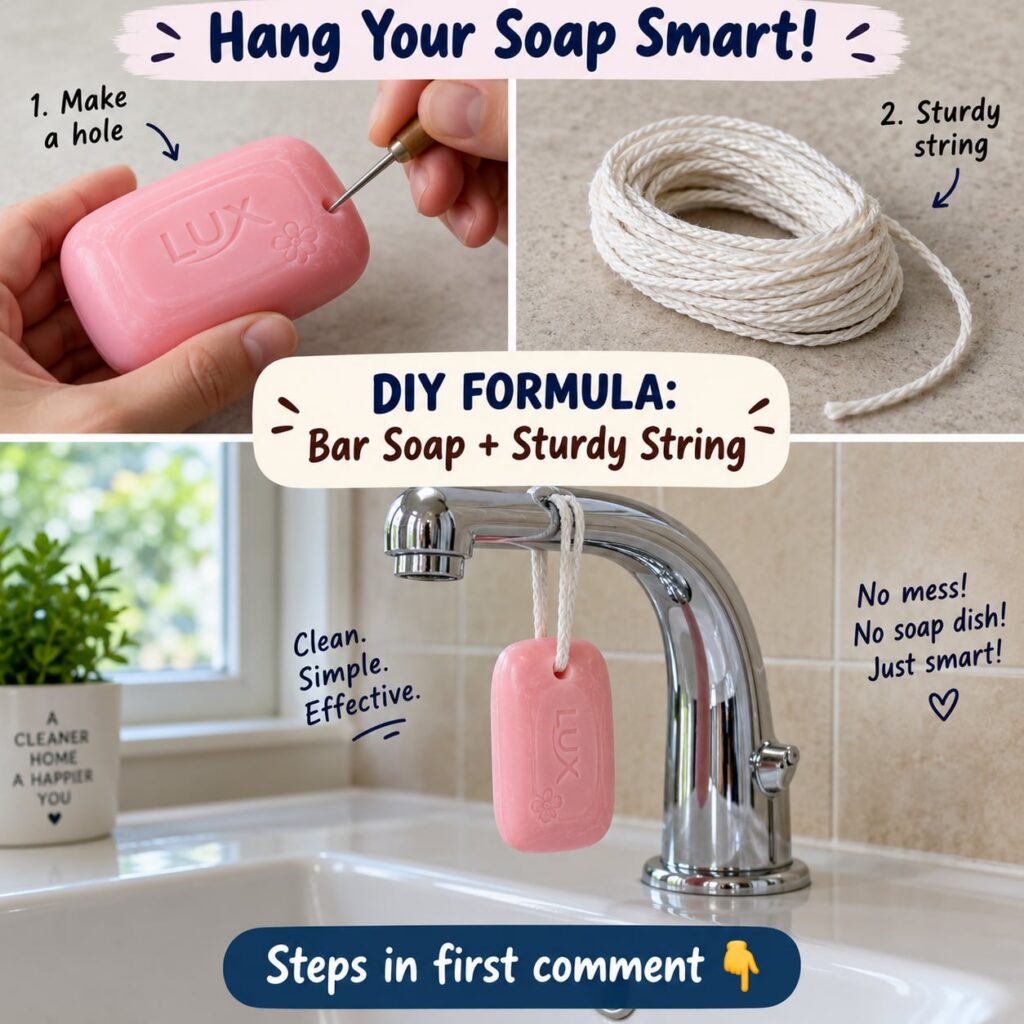 A bar of white soap with a string threaded through it tied into a loop hanging from a kitchen faucet over a stainless st