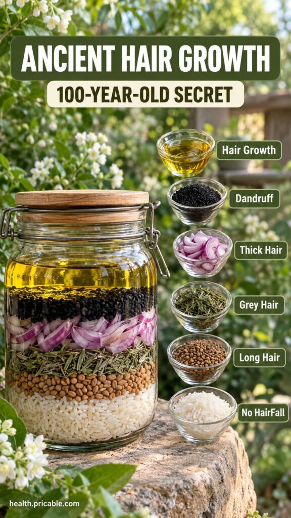 A collection of traditional herbal ingredients for hair oil including dried amla fenugreek seeds curry leaves and bottle