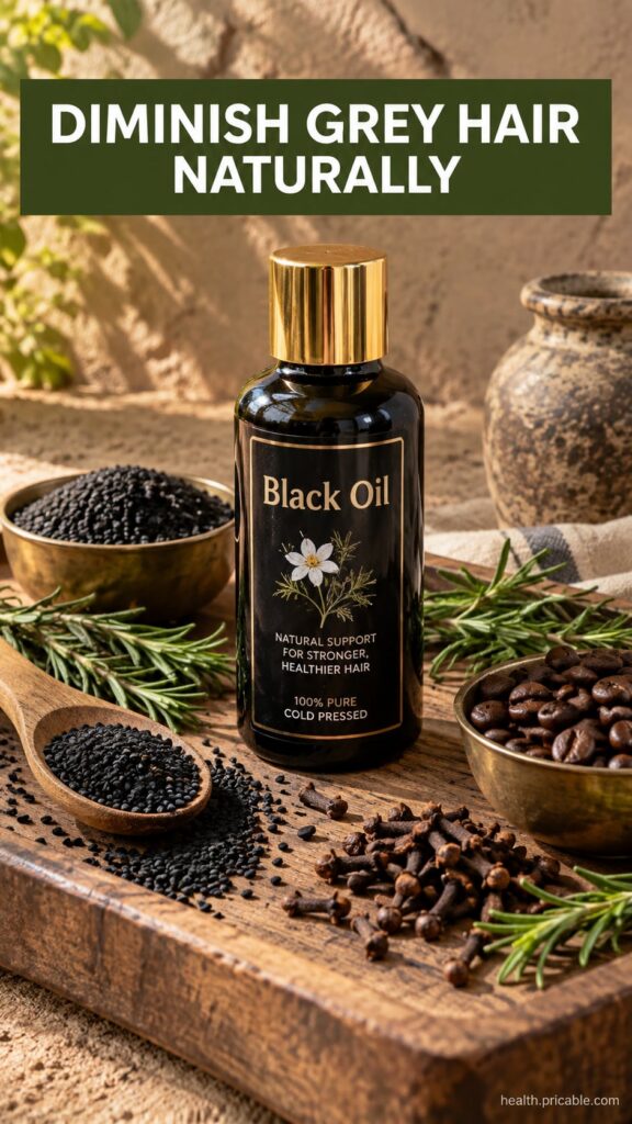 A top-down view of a small glass bottle filled with dark hair oil surrounded by scattered nigella seeds coffee beans and