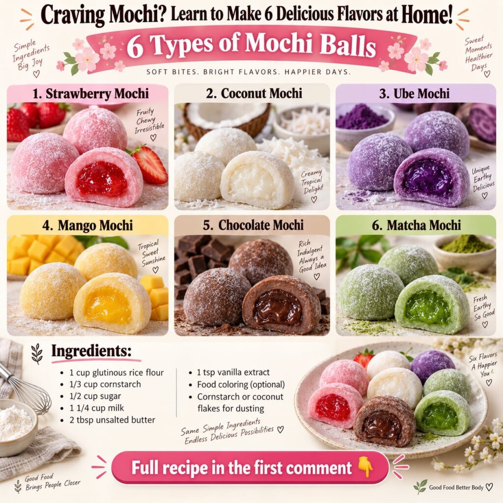 A vibrant assortment of six different mochi flavors arranged appealingly on a wooden board showcasing their various colo
