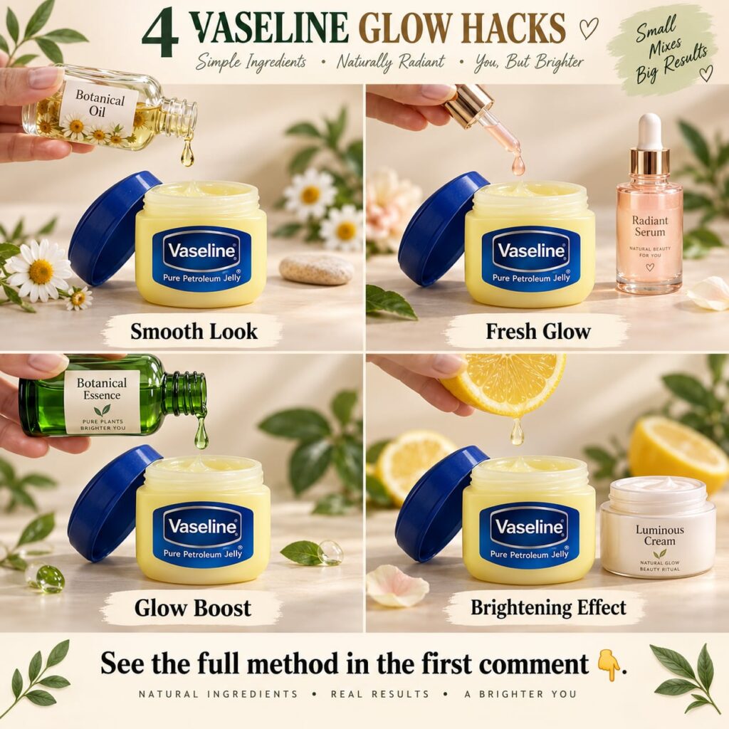 A woman looking at her reflection in a mirror applying a small amount of Vaseline to her face with a thoughtful or curio