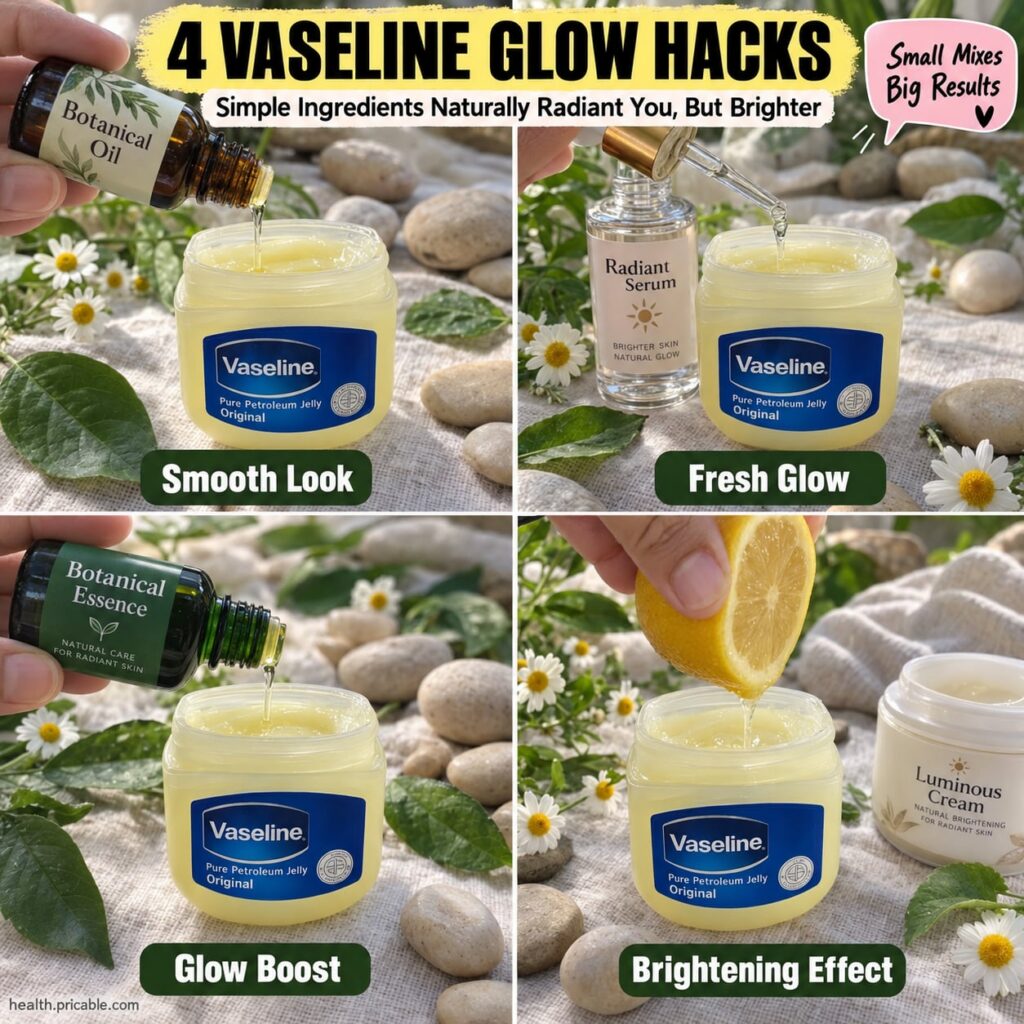 A close-up of hands gently mixing Vaseline a natural face oil and aloe vera gel in a small clean glass jar The texture s