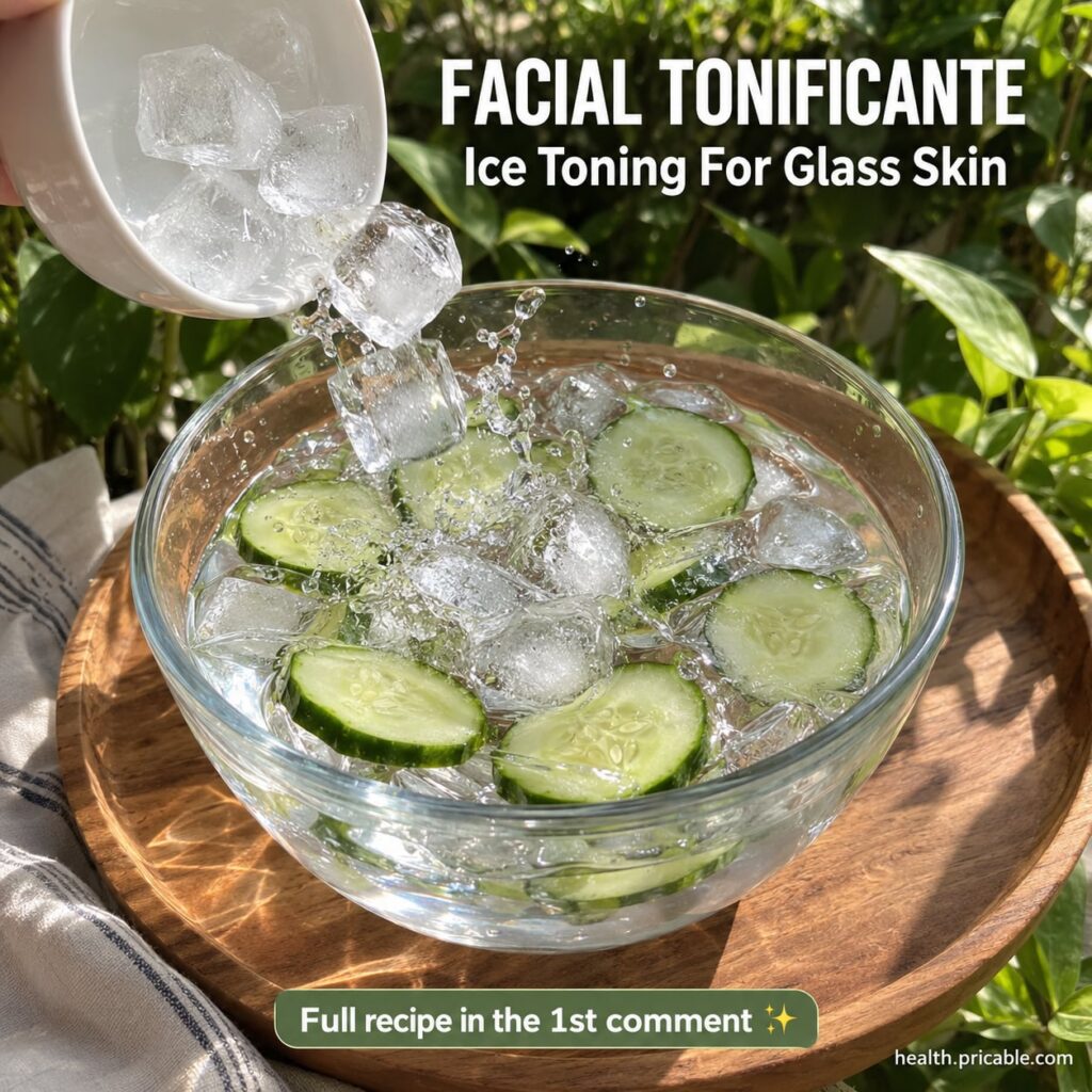 A close-up of a hand gently applying a cucumber ice cube to a person s cheek showing a glowing refreshed complexion