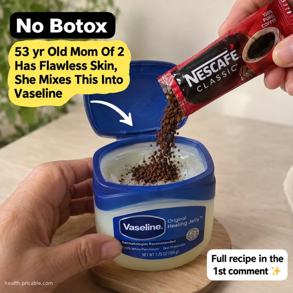 A woman smiling and gently applying a homemade Vaseline and coffee mixture to her cheek with her fingertips in a brightl
