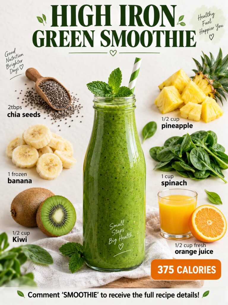 A vibrant green smoothie in a glass with fresh spinach an orange and a banana artfully arranged around it on a wooden ta