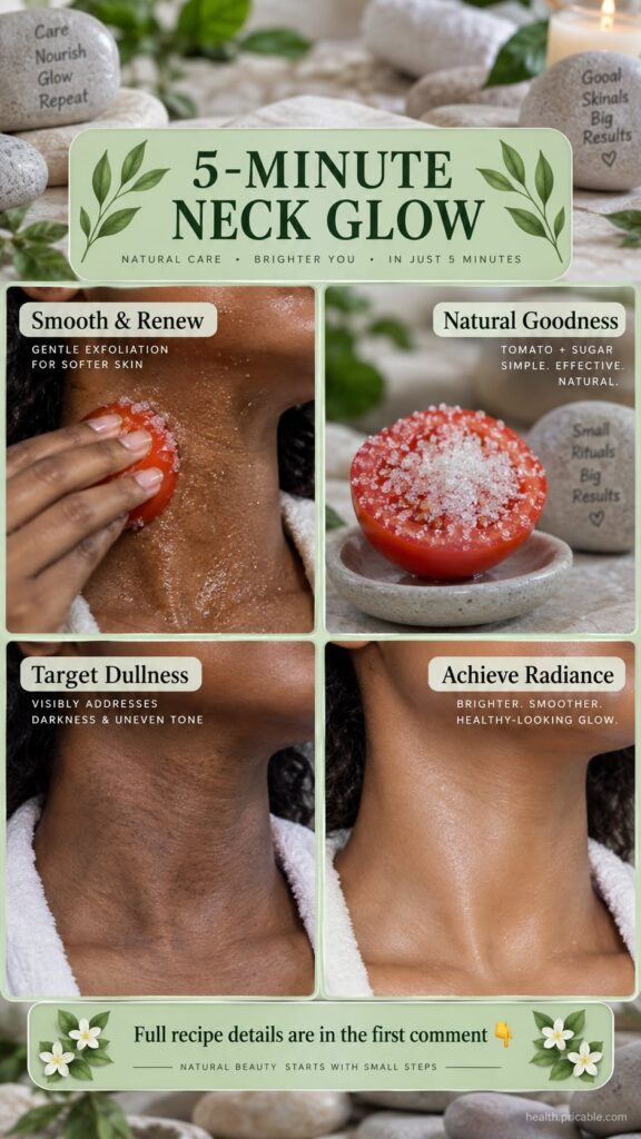 A woman gently applying a homemade tomato and sugar scrub to her neck with a halved tomato and a small bowl of sugar vis