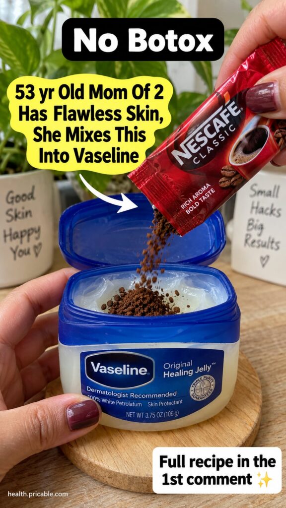 A close-up of a small bowl containing a freshly mixed coffee and Vaseline face mask with a spoon beside it on a clean li