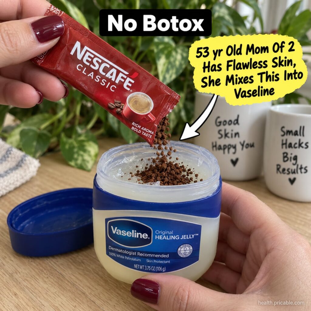 A woman gently mixing coffee grounds and petroleum jelly Vaseline in a small bowl with a spoon on a clean bathroom count