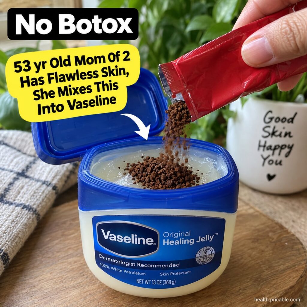 A woman in her 50s with radiant smooth skin applying a small amount of homemade balm to her face with a jar of Vaseline