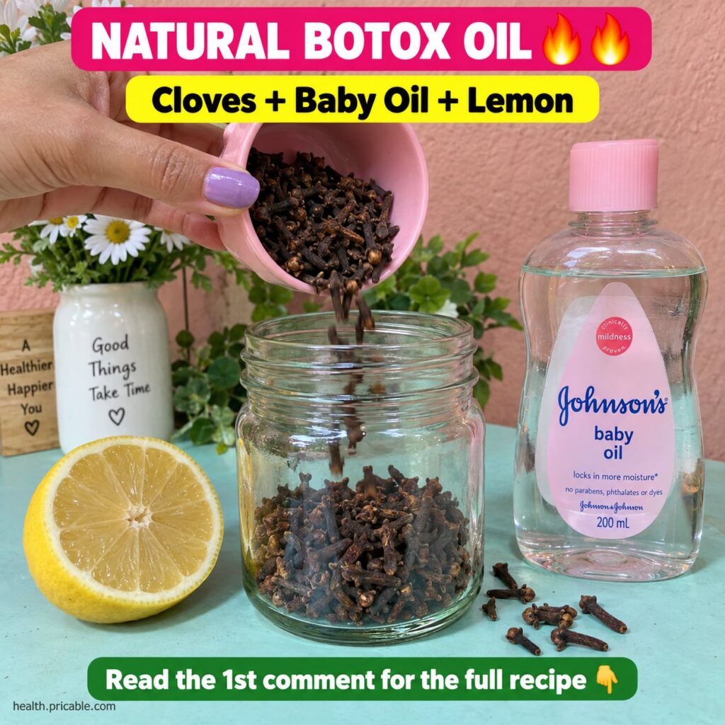 A collection of ingredients for the DIY facial oil whole cloves a bottle of baby oil and a fresh lemon all arranged on a