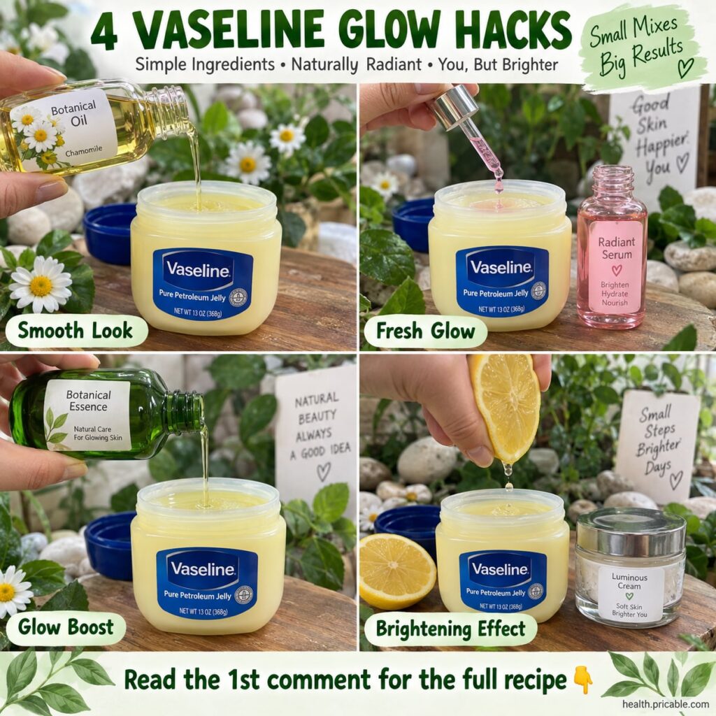 A woman scrolling through social media on her phone with blurred images of Vaseline glow hacks or DIY beauty remedies vi