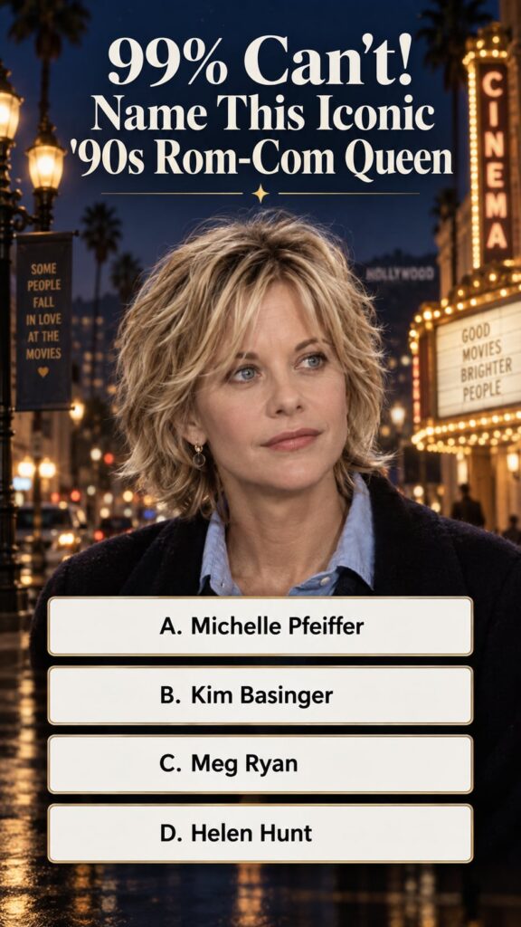 A woman resembling a 90s rom-com actress smiling warmly as seen in the original quiz