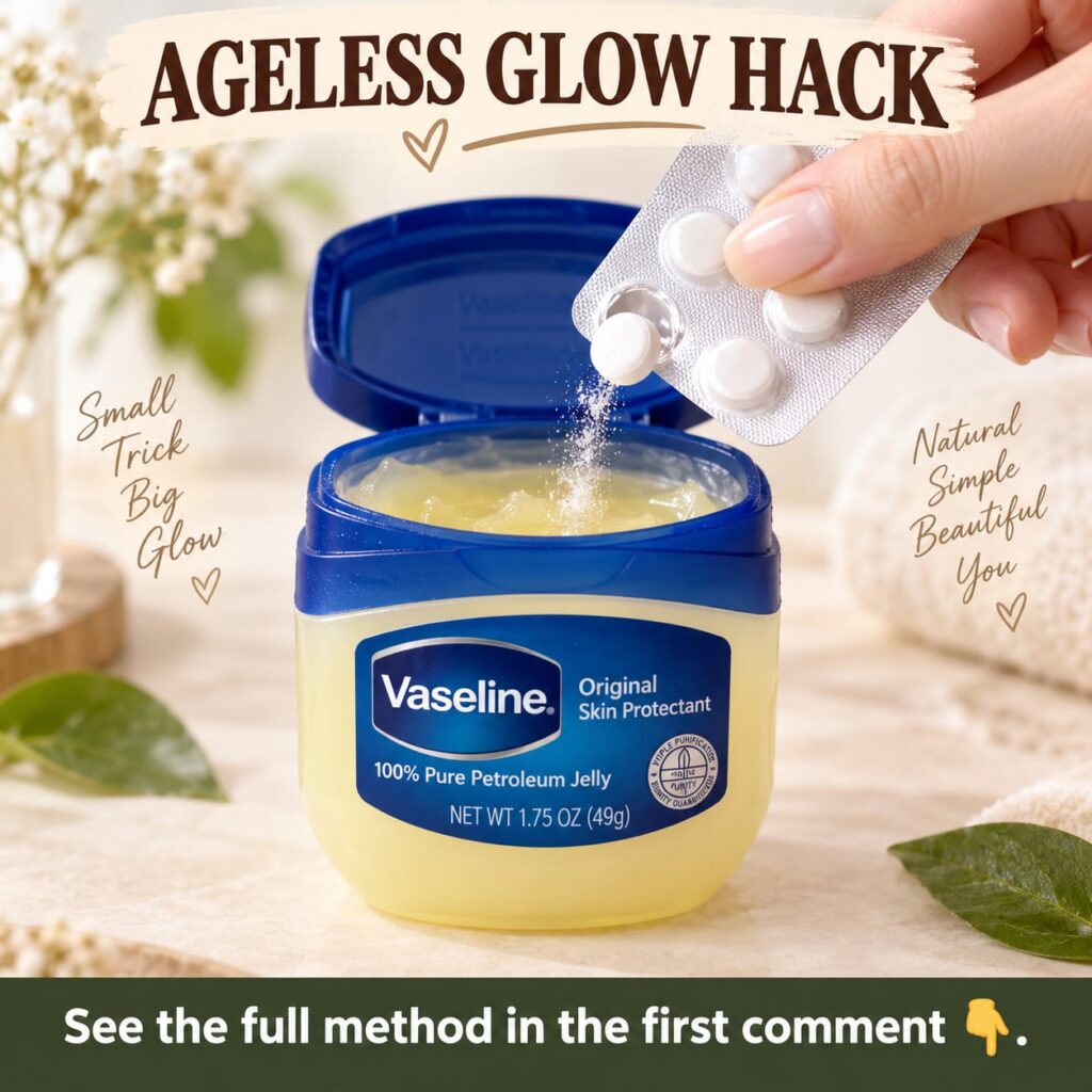 A woman smiling with clear glowing skin subtly applying a thin layer of Vaseline or a DIY face mask to her face The scen