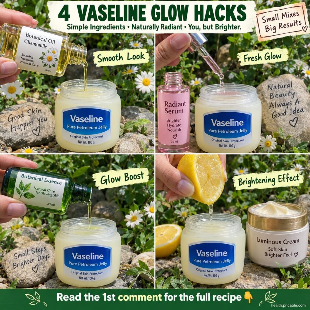 A still from a viral video showing someone mixing Vaseline with another ingredient on their hand with text overlay indic