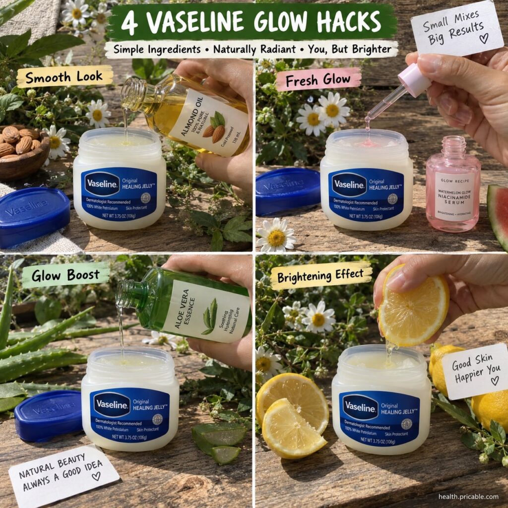 A woman applying a small amount of Vaseline to her face as part of a beauty routine demonstrating a glow hack