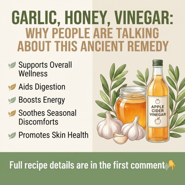 A rustic wooden table with a small bowl of fresh garlic cloves a jar of golden honey with a dipper and a bottle of apple