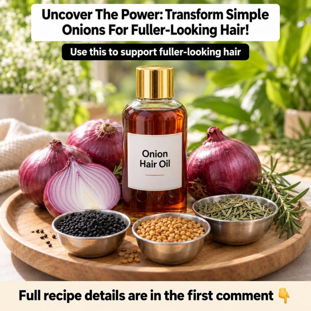 A close-up shot of freshly prepared homemade onion hair oil in a clear glass bottle with sliced onions and a few dry her