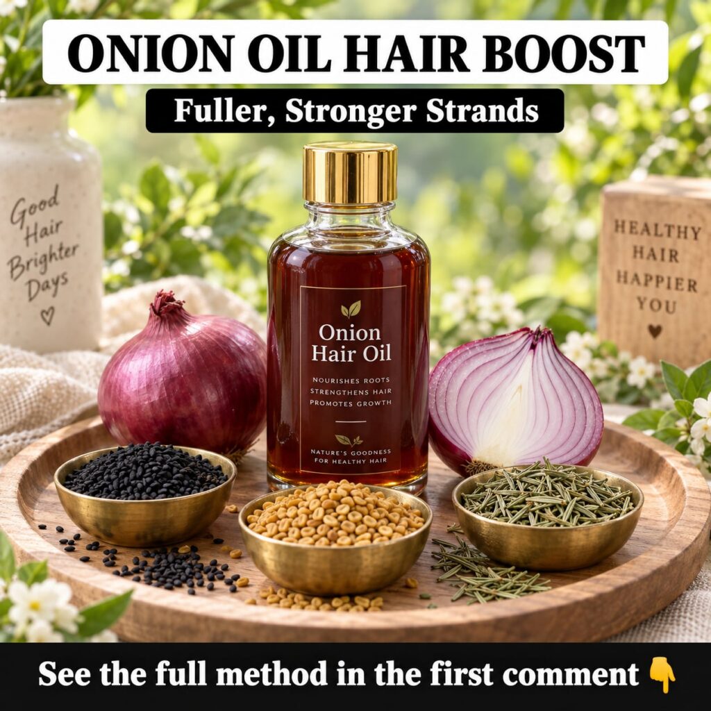 A small glass bottle filled with golden onion hair oil surrounded by fresh red onions fenugreek seeds and black cumin se