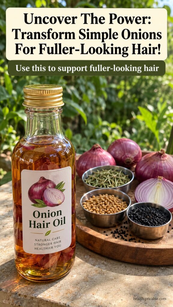 A close-up of a small glass bottle filled with golden onion hair oil with a few slices of onion fenugreek seeds and curr