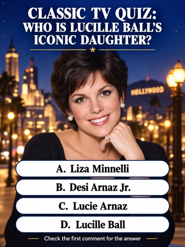A vintage-style quiz card asking Which actress and singer was the daughter of Lucille Ball and Desi Arnaz and also appea