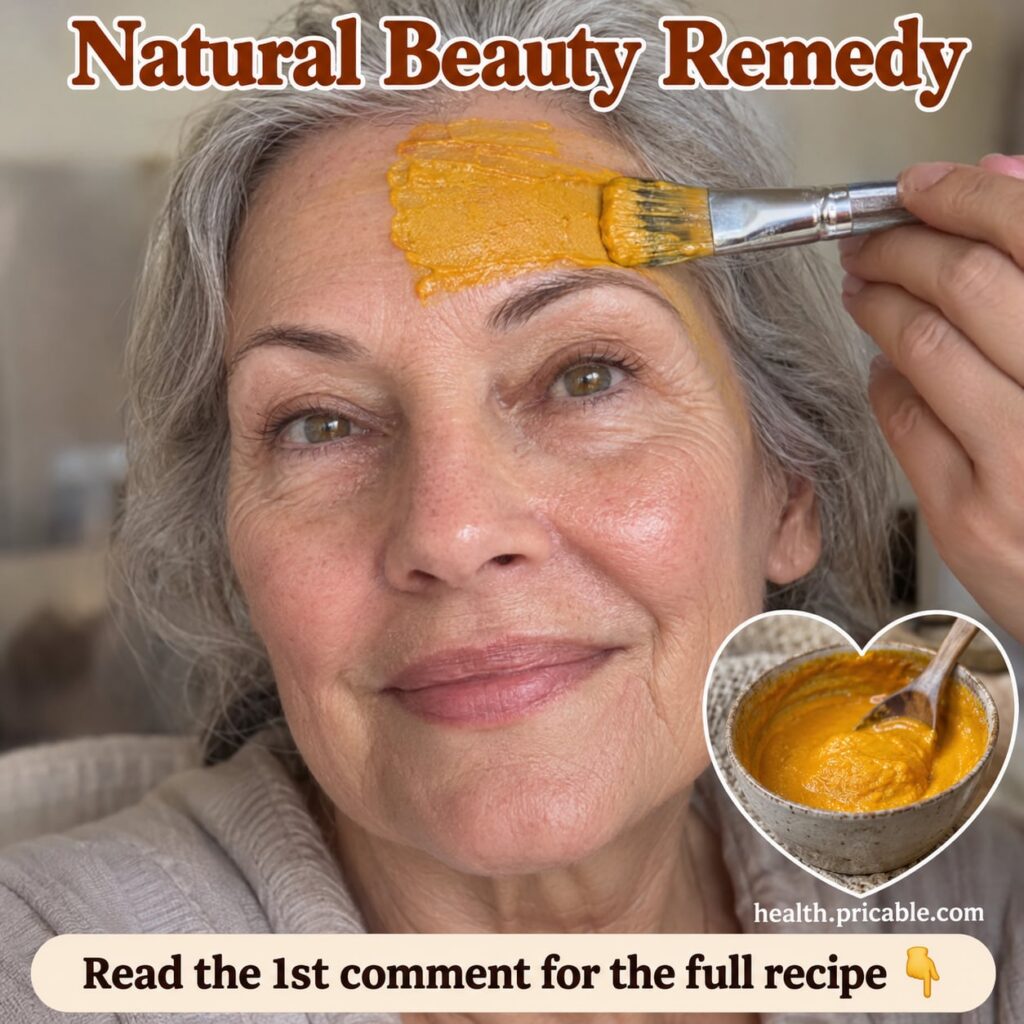 A woman applying a yellow-tinted natural face mask to her clean face smiling gently The mask is visibly thick and spread