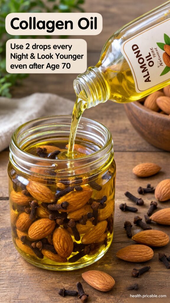 A small glass bottle of golden almond and clove infused oil on a wooden surface with a scattering of whole almonds and d