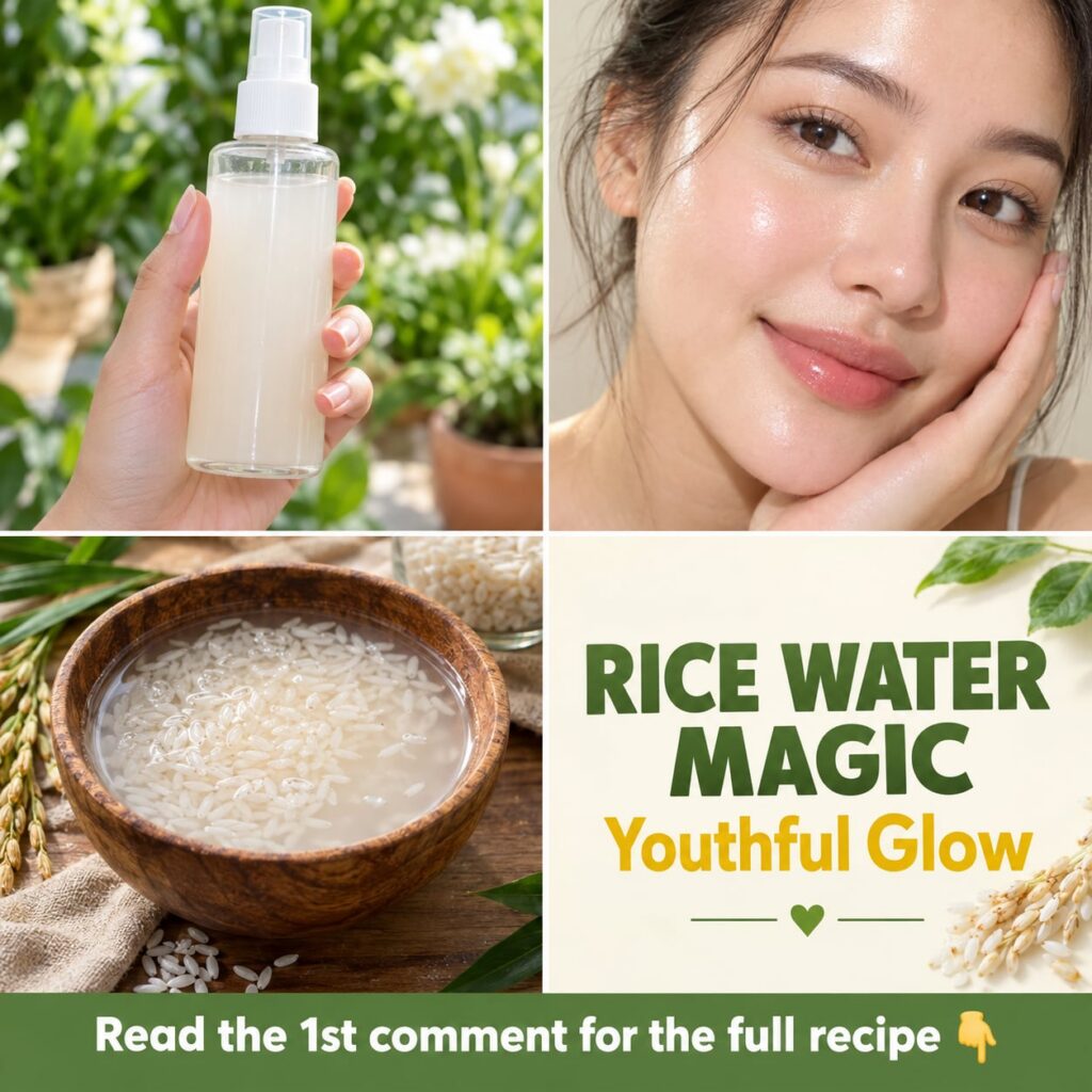 A woman gently applying rice water to her face with a cotton pad looking refreshed and radiant The setting is a bright c