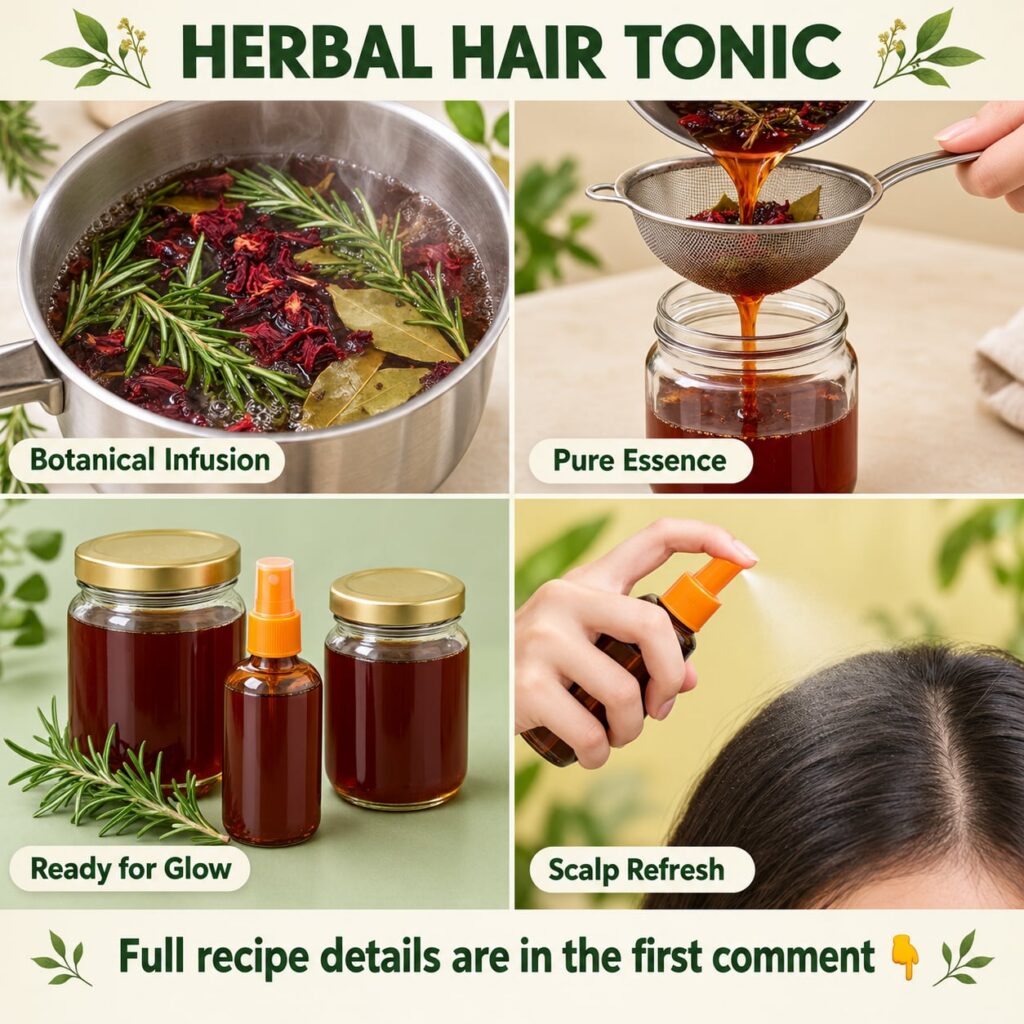 A close-up shot of a clear glass bottle filled with a golden-brown hair tonic with fresh rosemary sprigs dried hibiscus 