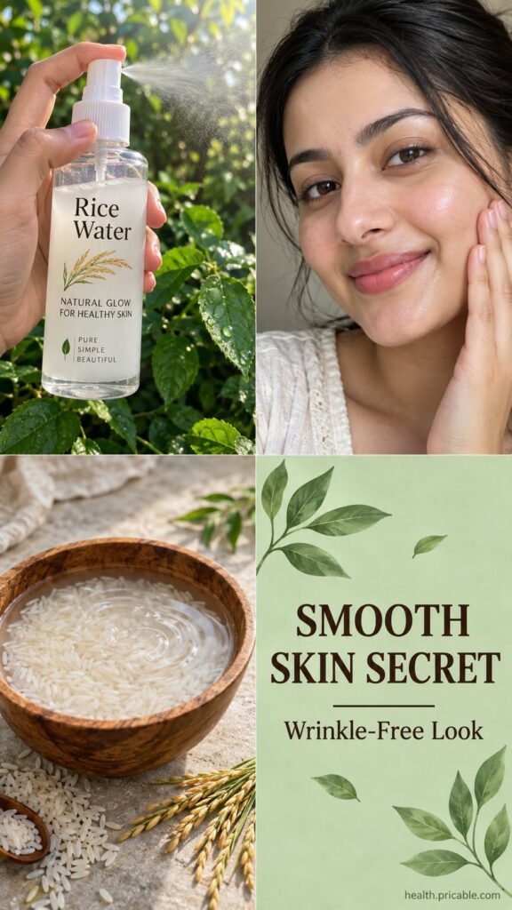 A woman gently patting rice water onto her face with a cotton pad in a bright clean bathroom setting She looks refreshed