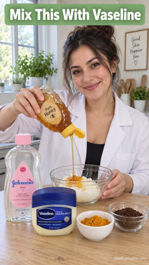 A small bowl with pure honey and Vaseline being mixed together with a spoon showing the thick golden consistency