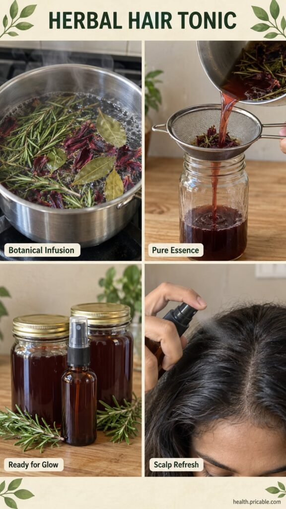 A beautiful overhead shot of dried rosemary dried hibiscus petals and dried bay leaves arranged artfully on a light wood