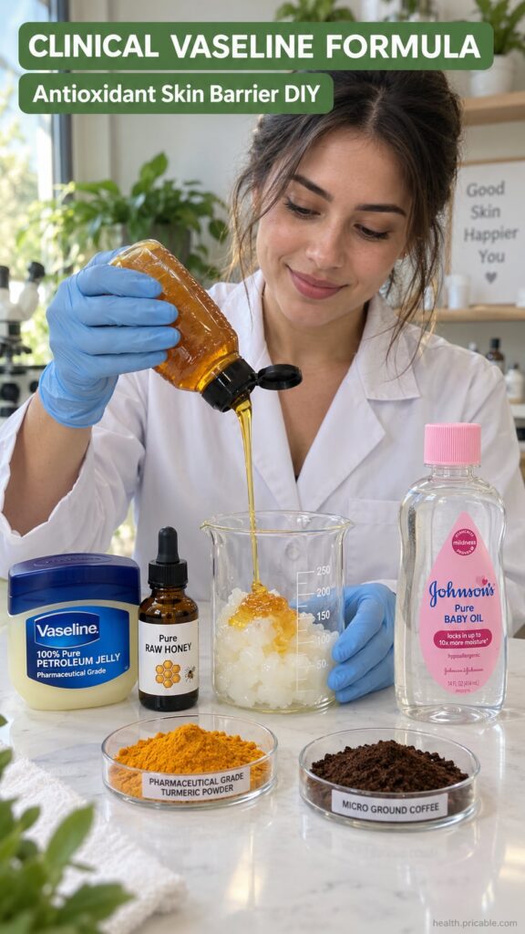 A woman in a clean kitchen mixing raw honey and petroleum jelly in a small bowl with a spoon