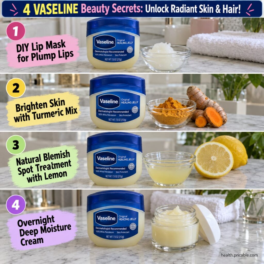 A clear jar of petroleum jelly Vaseline with radiant skin and healthy hair in the background subtly implying its versati
