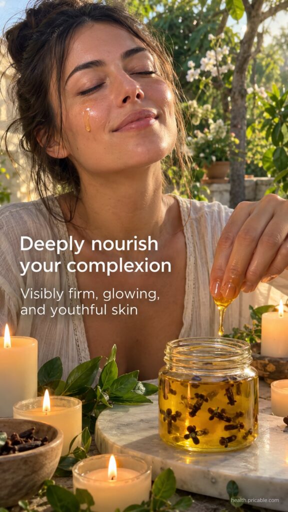 A small glass dropper bottle filled with a golden luminous facial oil with a few drops being dispensed onto a fingertip 