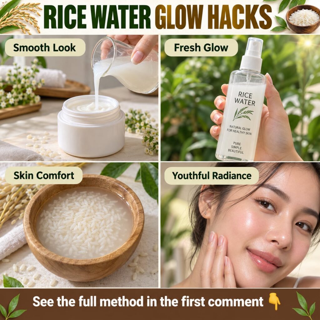 A woman with radiant smooth skin looking fresh and youthful holding a small bowl of rice water or a beauty product bottl