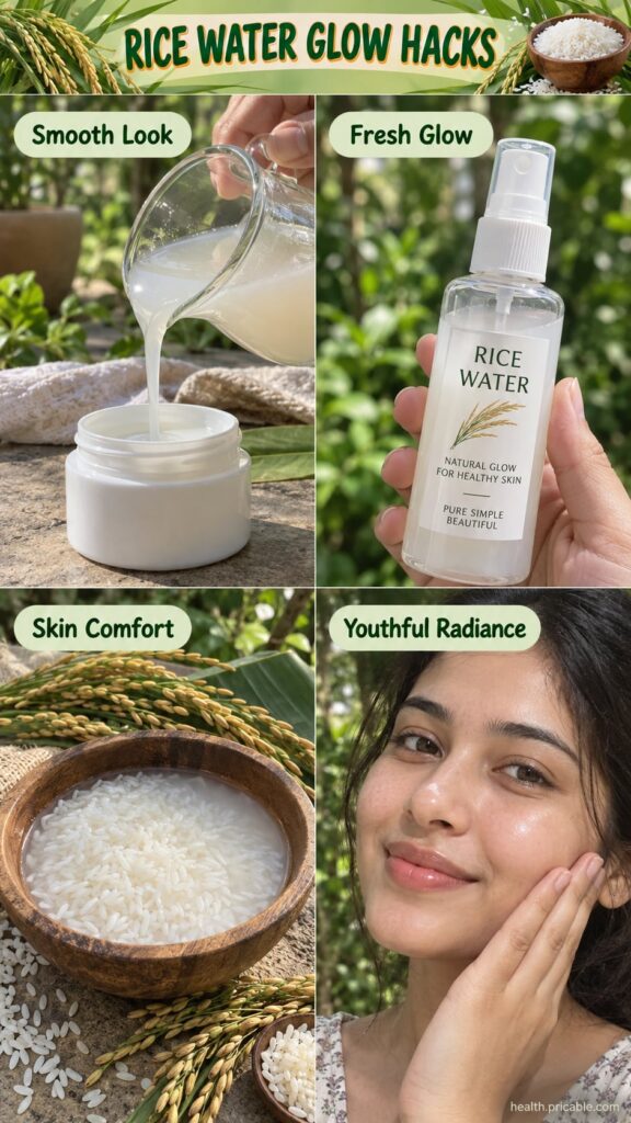 A close-up shot of hands holding a clear glass bottle filled with milky white rice water with a bowl of white rice and a