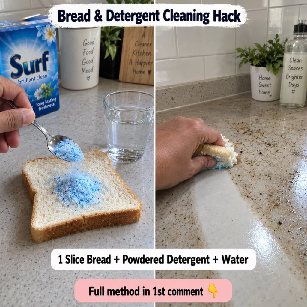 A hand mixing a slice of white bread with a few drops of liquid dish detergent in a small bowl showing the beginning of