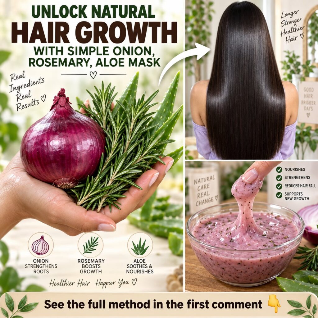 A close-up of a DIY hair mask in a bowl with fresh onion slices rosemary sprigs and aloe vera leaves around it on a rust