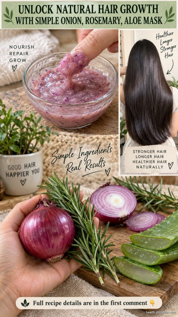 Ingredients for the onion rosemary aloe hair mask laid out a red onion fresh rosemary sprigs and a container of aloe ver