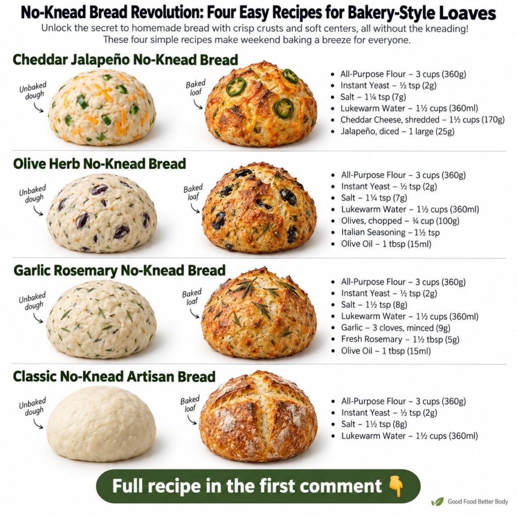A spread of four different types of no-knead bread loaves a classic artisan round loaf a garlic rosemary loaf with herbs