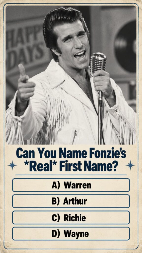 A quiz image asking for Fonzie s first name from the TV show Happy Days The image should feature a stylized depiction of
