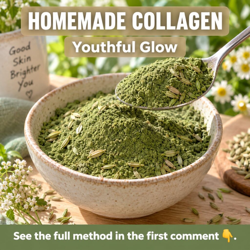 A scoop of homemade collagen powder in a small glass jar with a wooden spoon set against a warm natural background