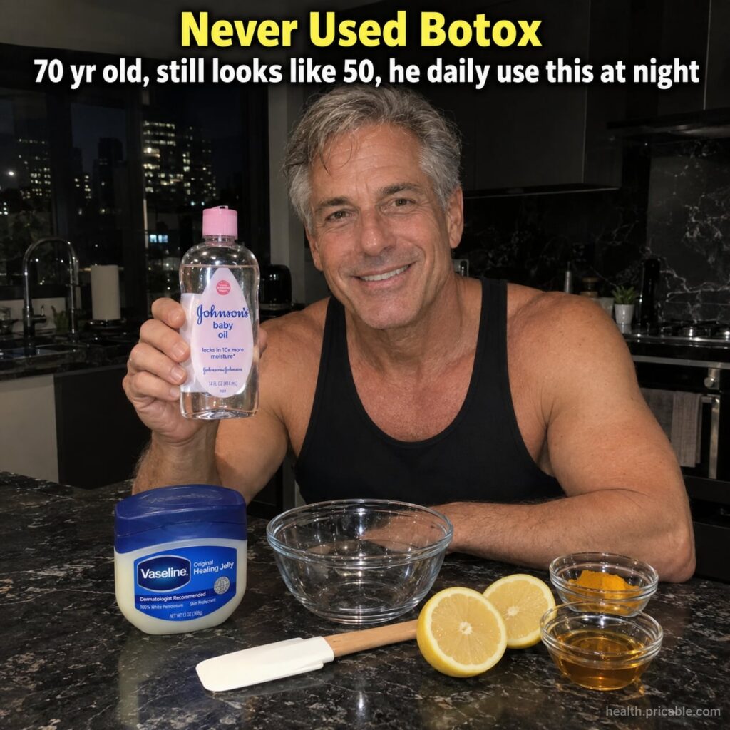A person applying baby oil to their face at night as part of a skincare routine with a bottle of baby oil and a jar of V