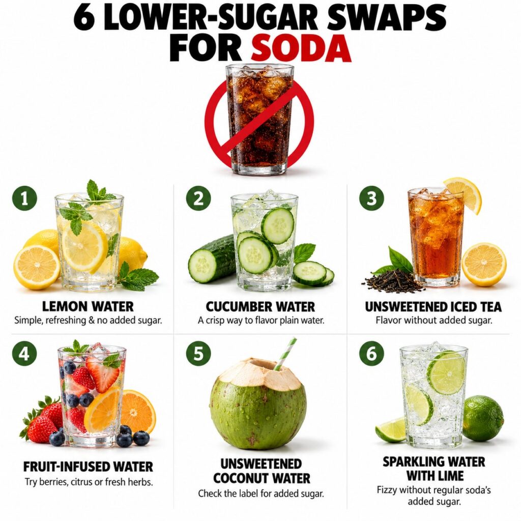 A visual infographic showing six refreshing drink swaps for soda featuring lemon water cucumber water unsweetened iced t